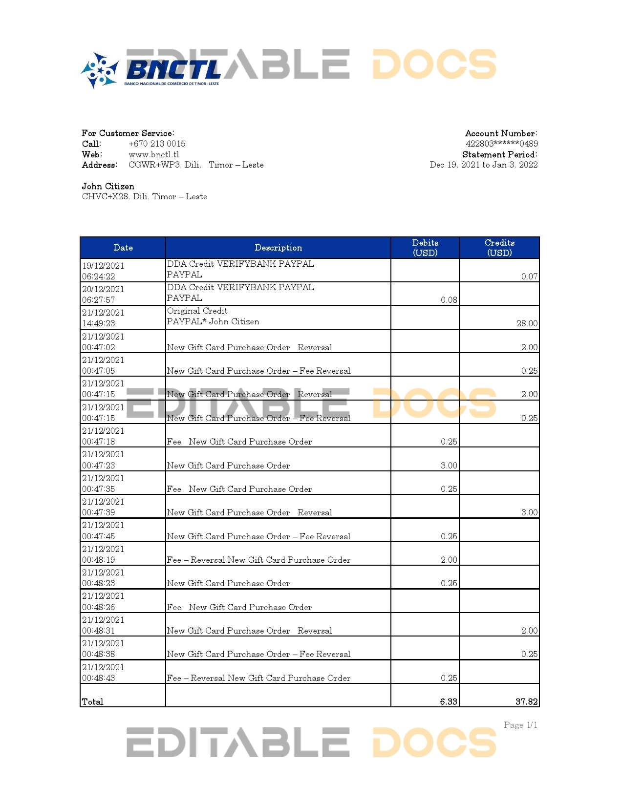 Timor-Leste BNCTL bank statement, Excel and PDF template