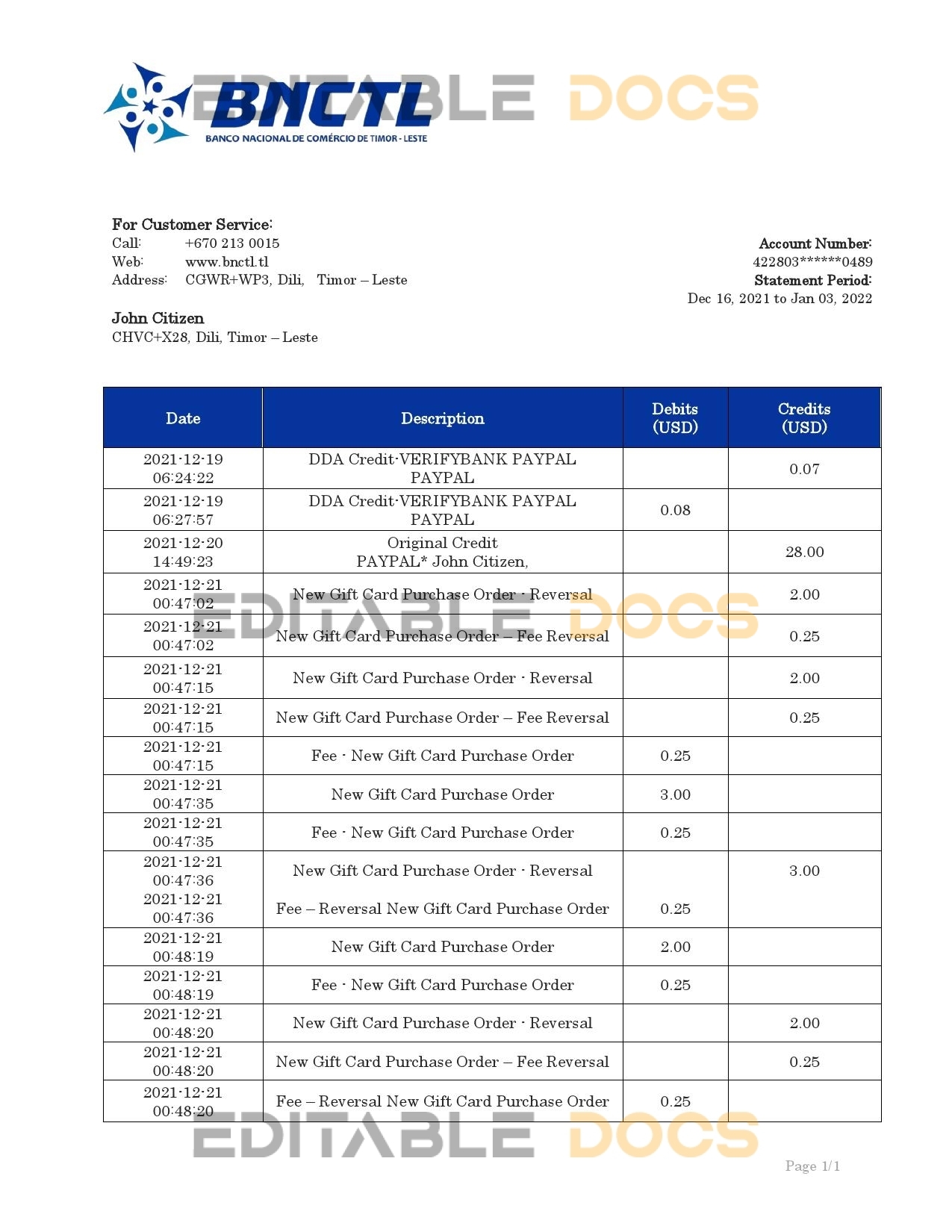 Timor-Leste BNCTL bank statement template in Word and PDF format