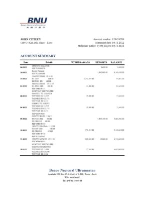 Timor-Leste BNU bank statement, Excel and PDF template
