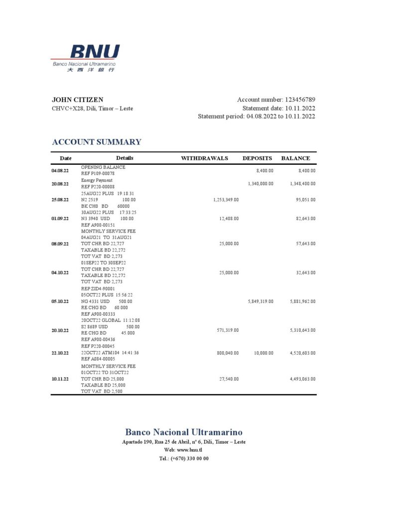 Timor-Leste BNU bank statement, Excel and PDF template