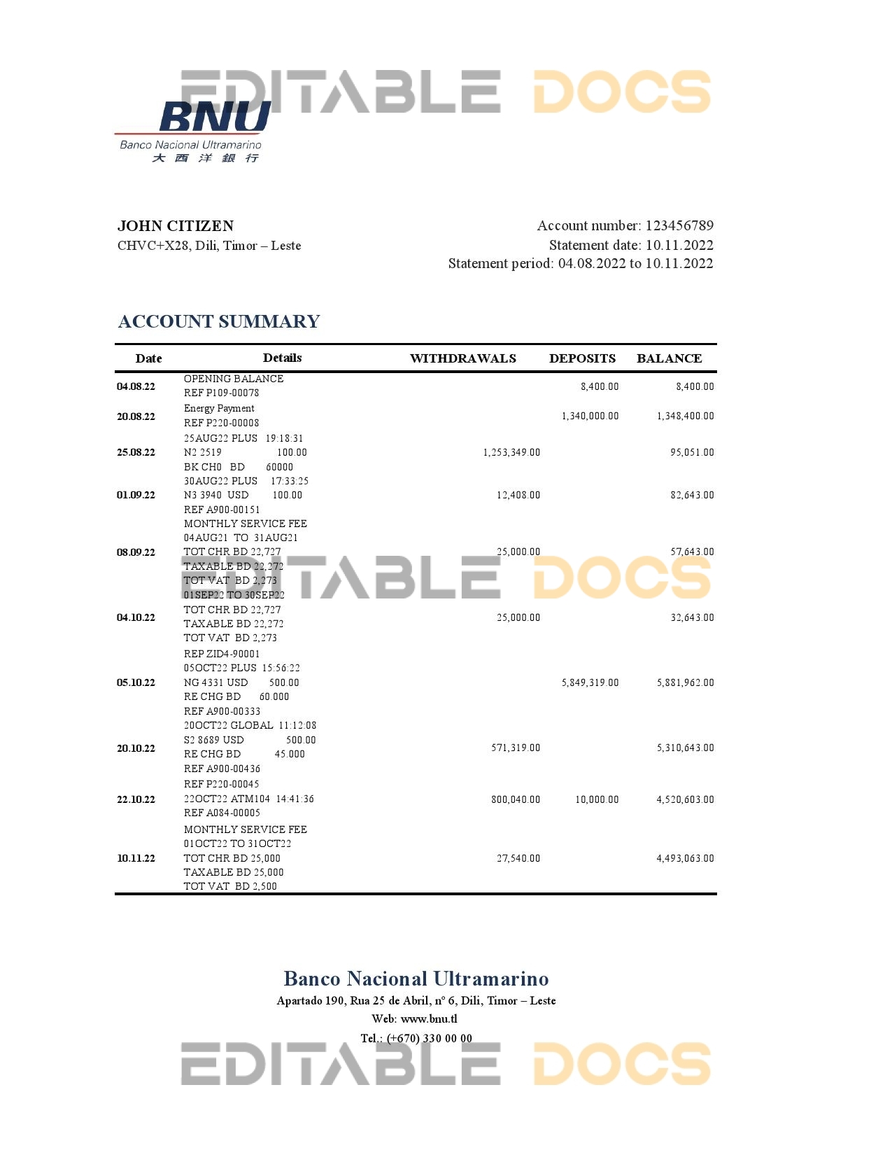 Timor-Leste BNU bank statement, Excel and PDF template