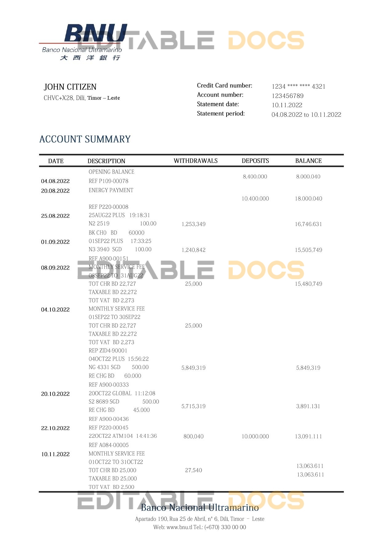 Timor-Leste BNU bank statement template in Word and PDF format