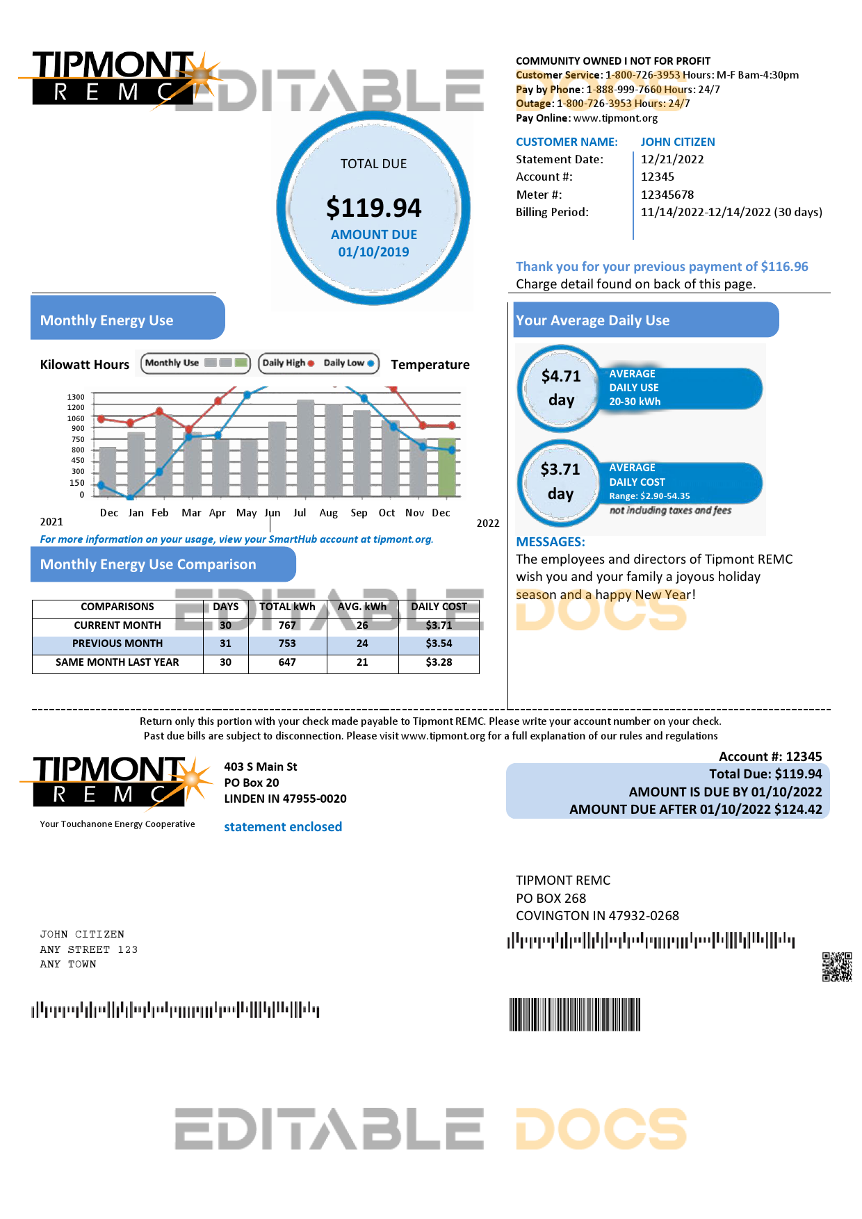 USA Indiana Tipmont utility bill template in Word and PDF format