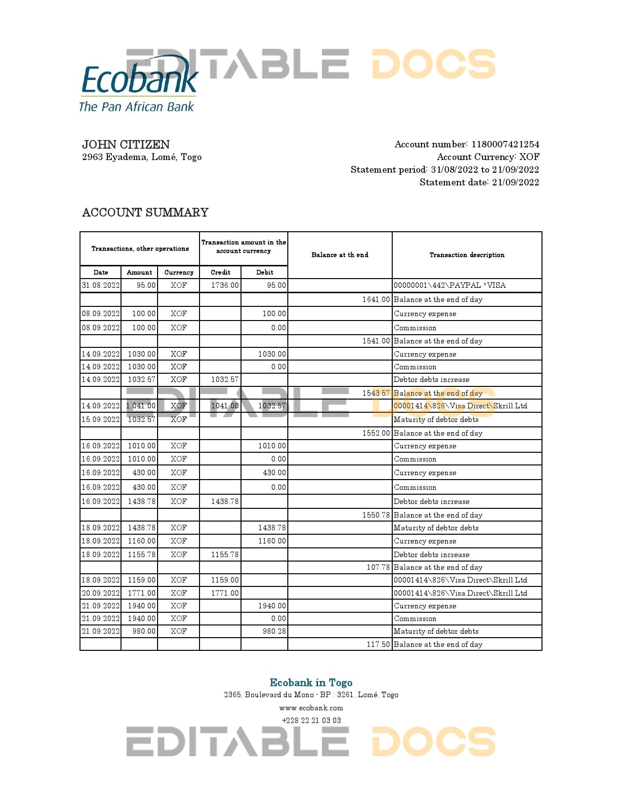 Togo Ecobank bank statement, Excel and PDF template