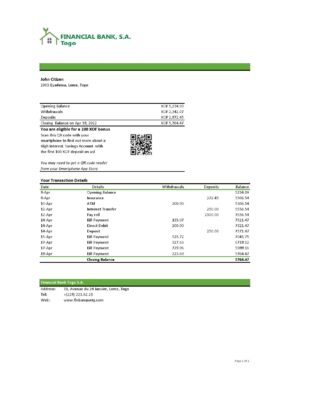 Togo Financial Bank statement, Excel and PDF template