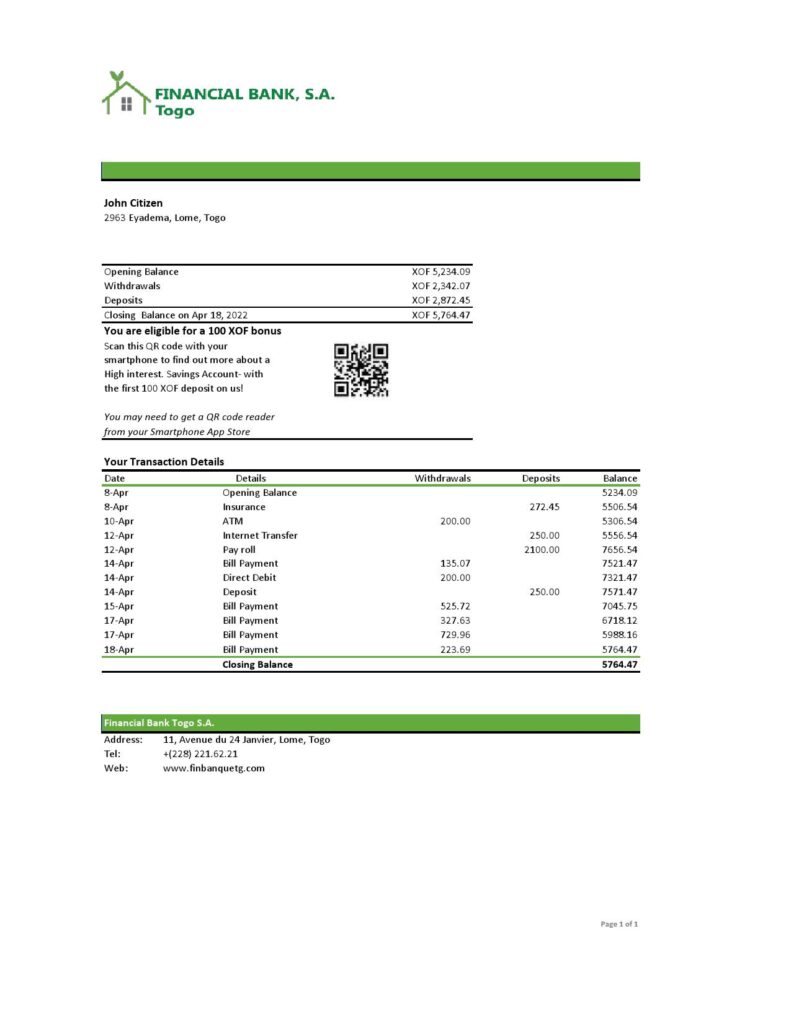 Togo Financial Bank statement, Excel and PDF template