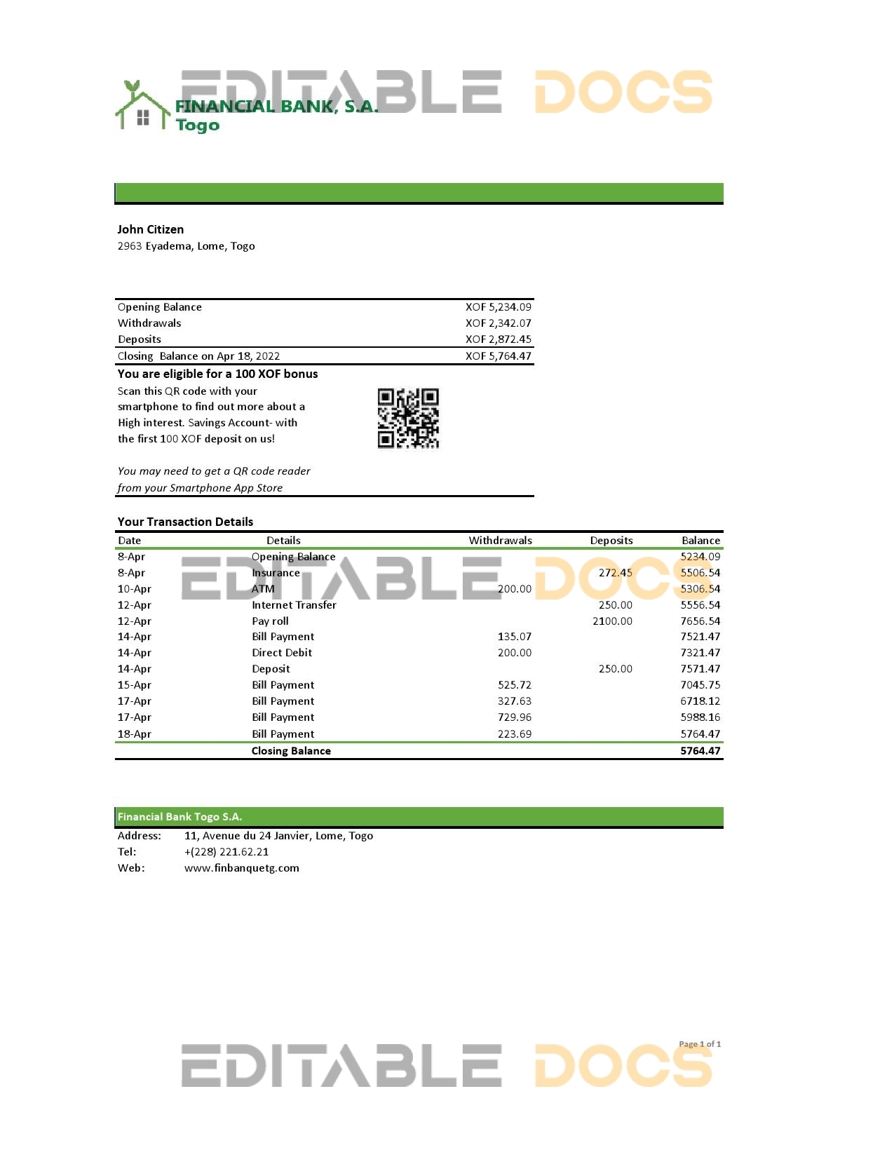 Togo Financial Bank statement, Excel and PDF template