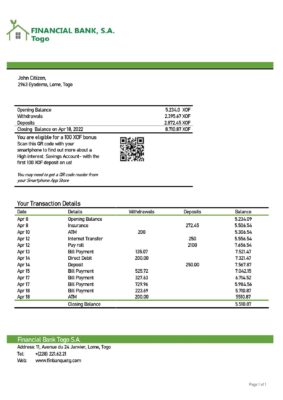 Togo Financial Bank statement template in Word and PDF format