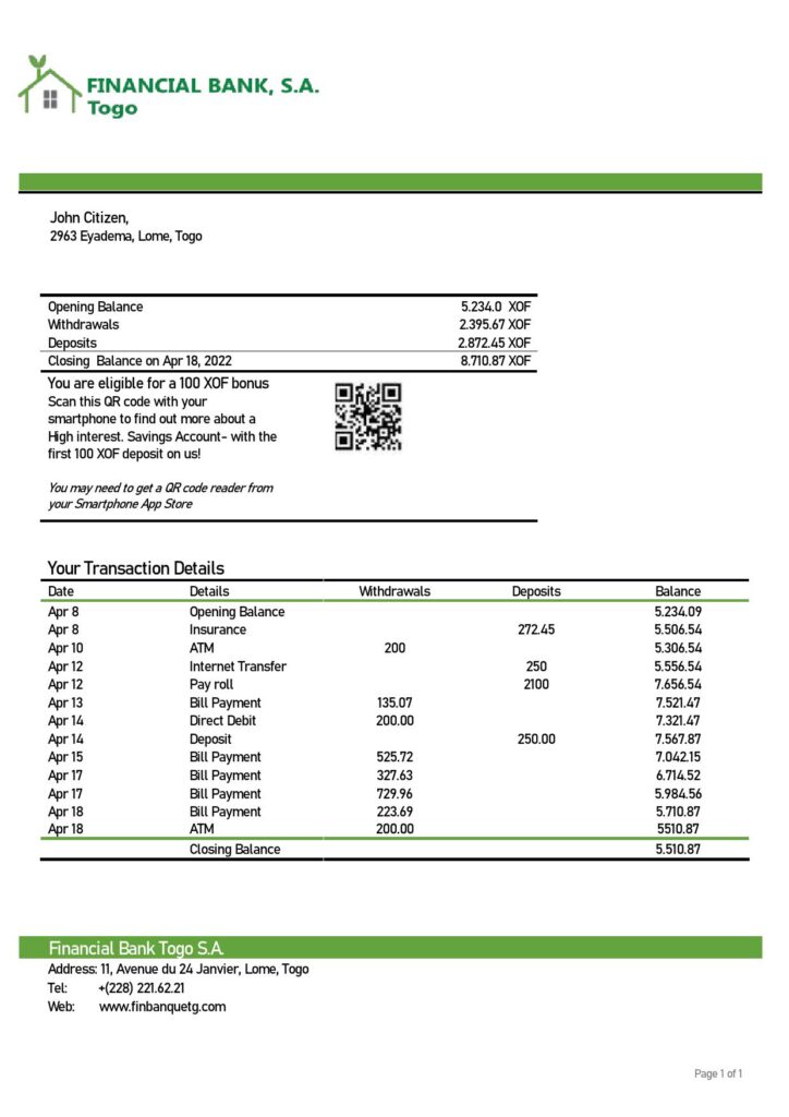 Togo Financial Bank statement template in Word and PDF format