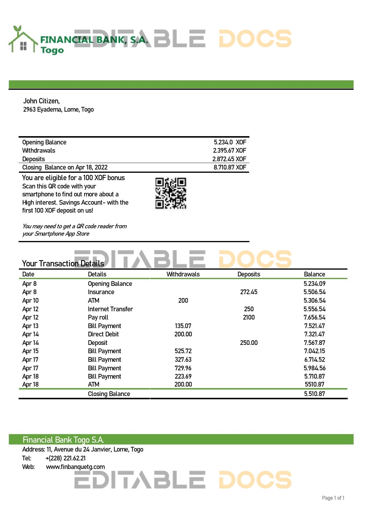 Togo Financial Bank statement template in Word and PDF format