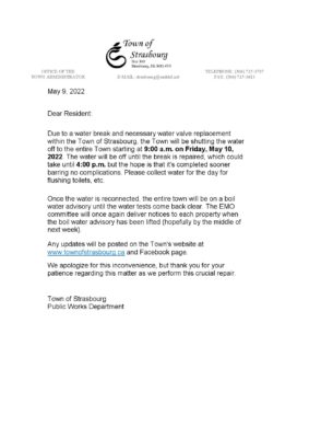 Canada Saskatchewan Town of Strasbourg water utility shut off notice, Word and PDF template