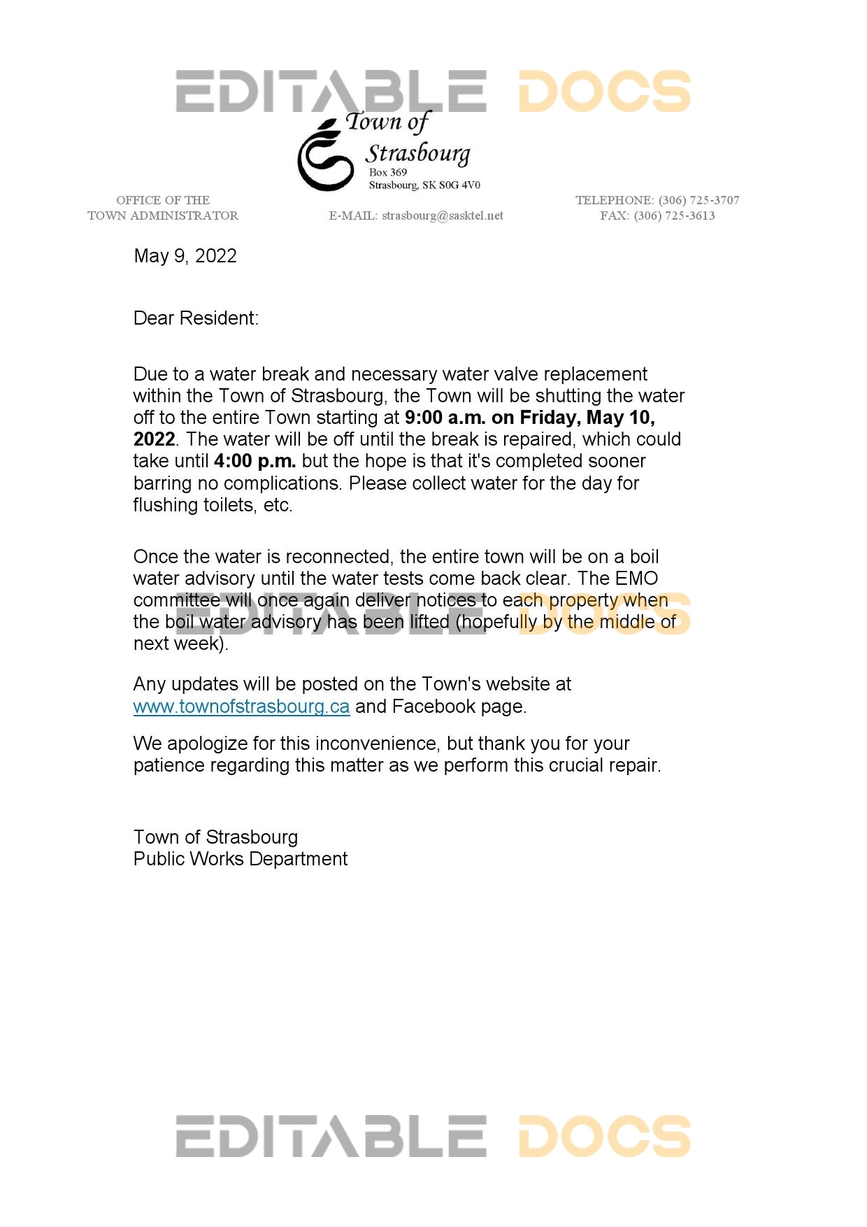 Canada Saskatchewan Town of Strasbourg water utility shut off notice, Word and PDF template