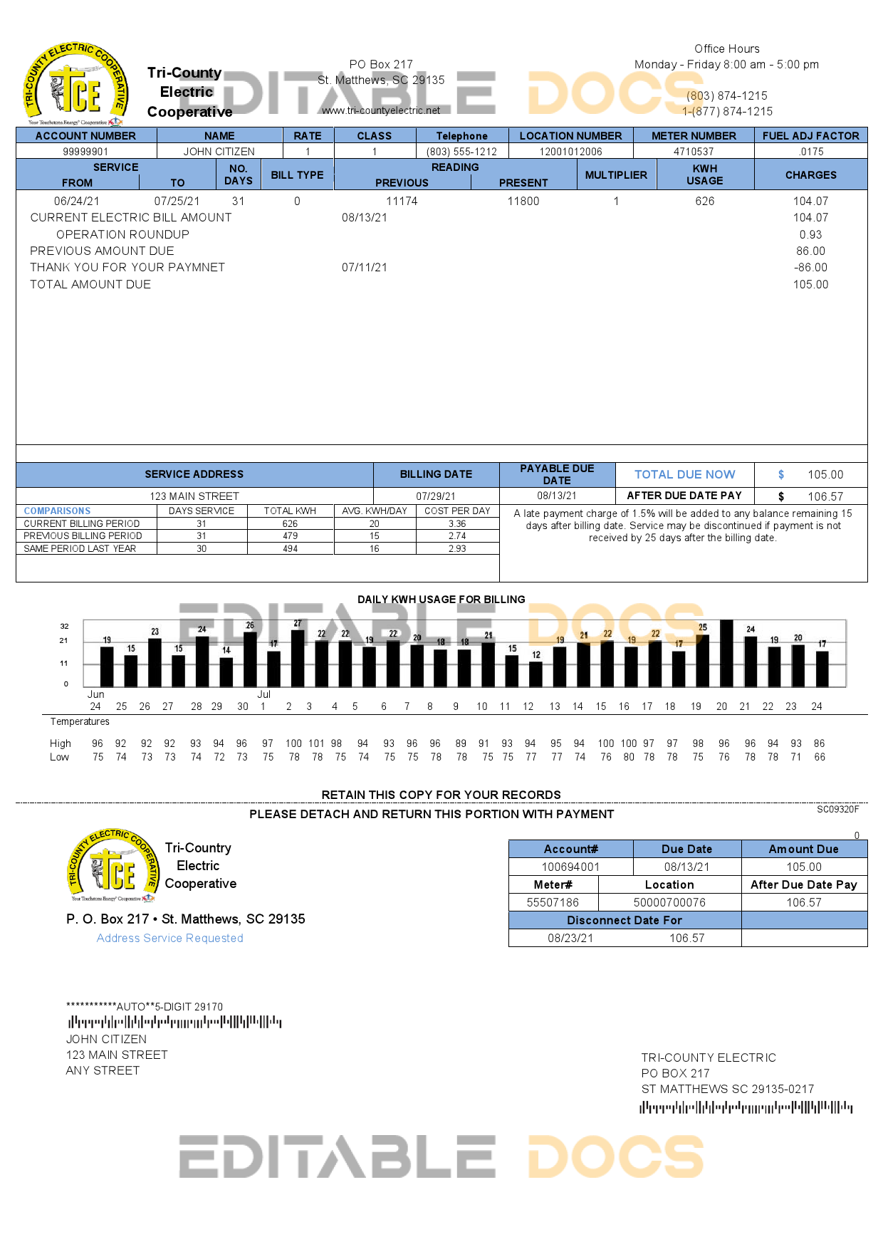 USA Tri-County Electric Cooperative utility bill template in Word and PDF format