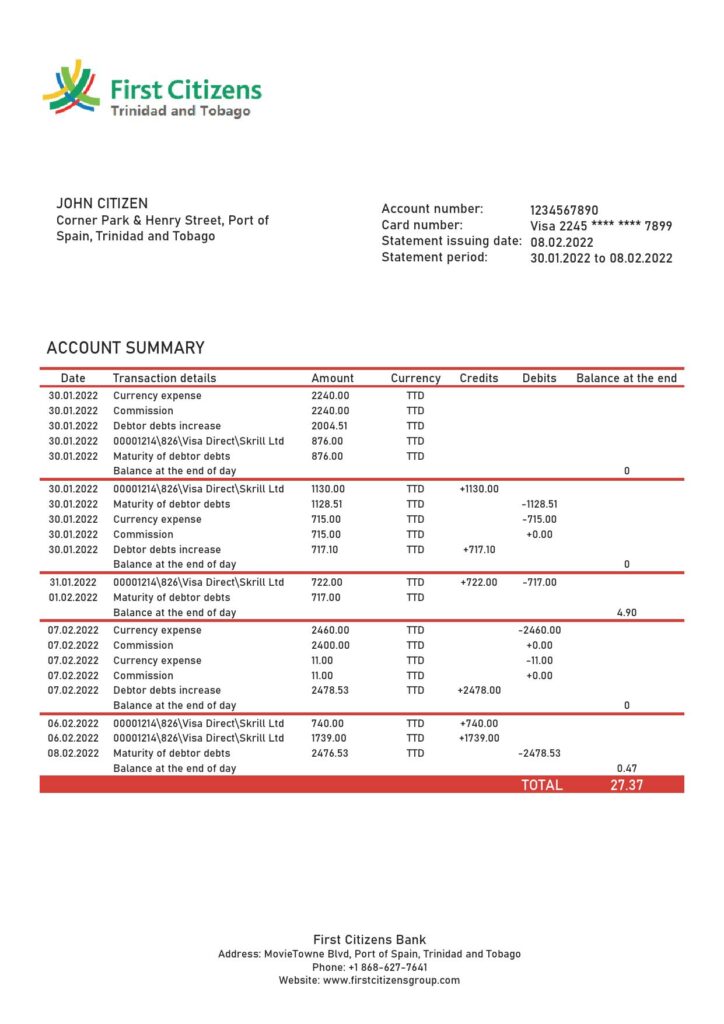 Trinidad and Tobago First Citizens Bank statement template in Word and PDF format