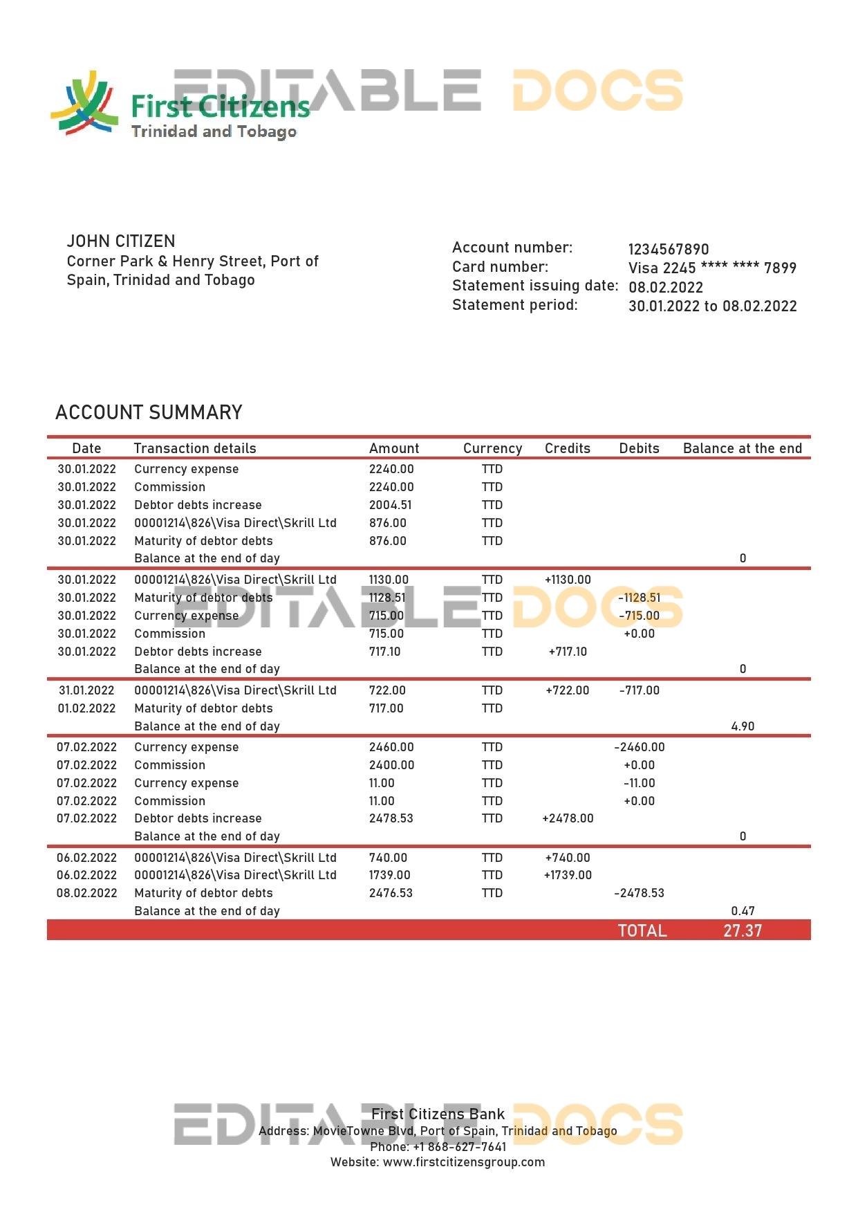 Trinidad and Tobago First Citizens Bank statement template in Word and PDF format