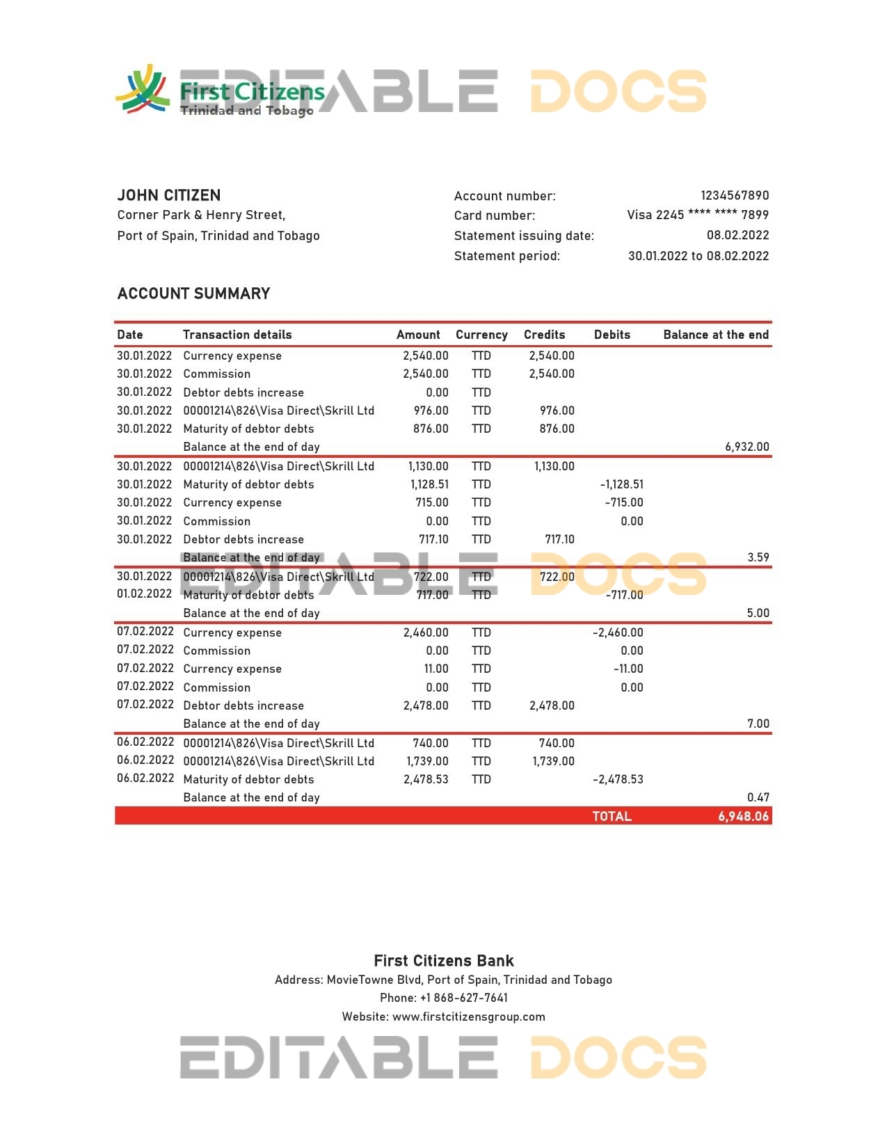 Trinidad and Tobago First Citizens bank statement, Excel and PDF template