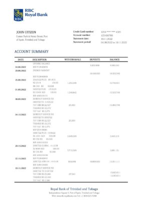 Trinidad and Tobago Royal Citizens Bank statement template in Word and PDF format