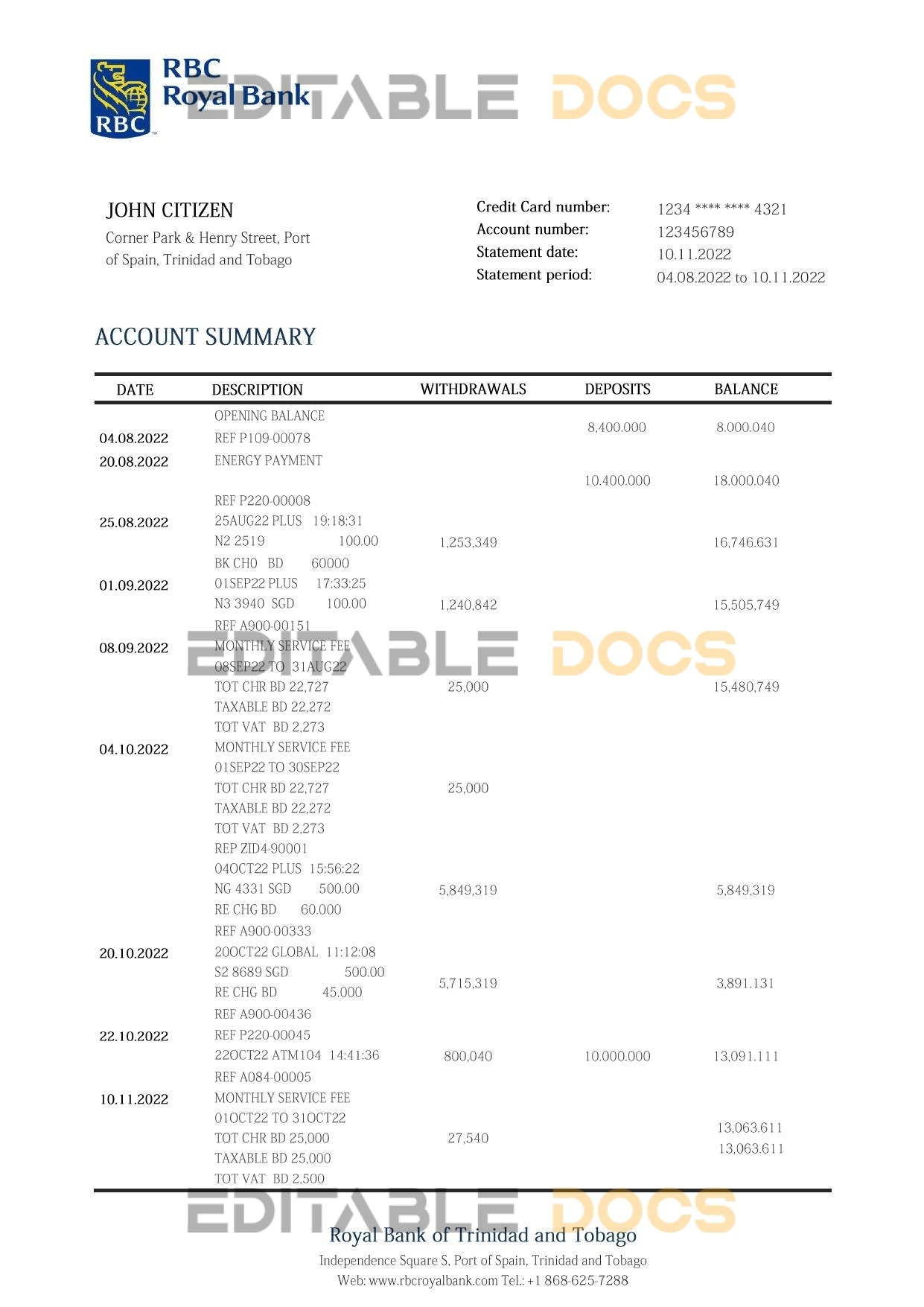 Trinidad and Tobago Royal Citizens Bank statement template in Word and PDF format