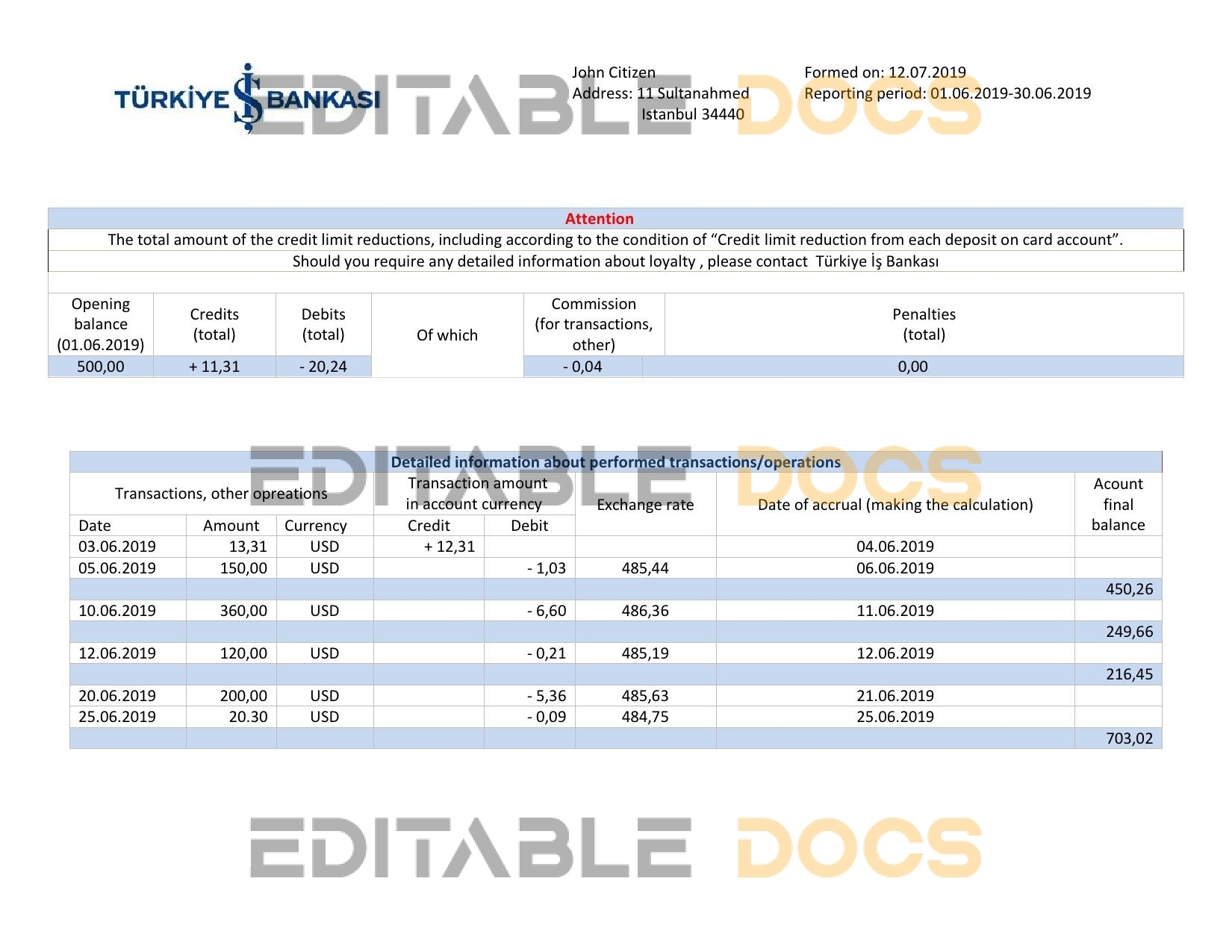 Turkey Bankasi bank proof of address statement template in Word and PDF format, fully editable