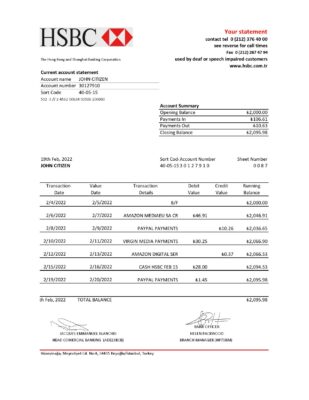 Turkey HSBC bank statement, Excel and PDF template