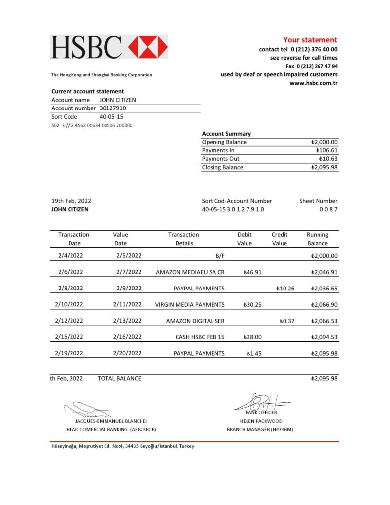 Turkey HSBC bank statement, Excel and PDF template