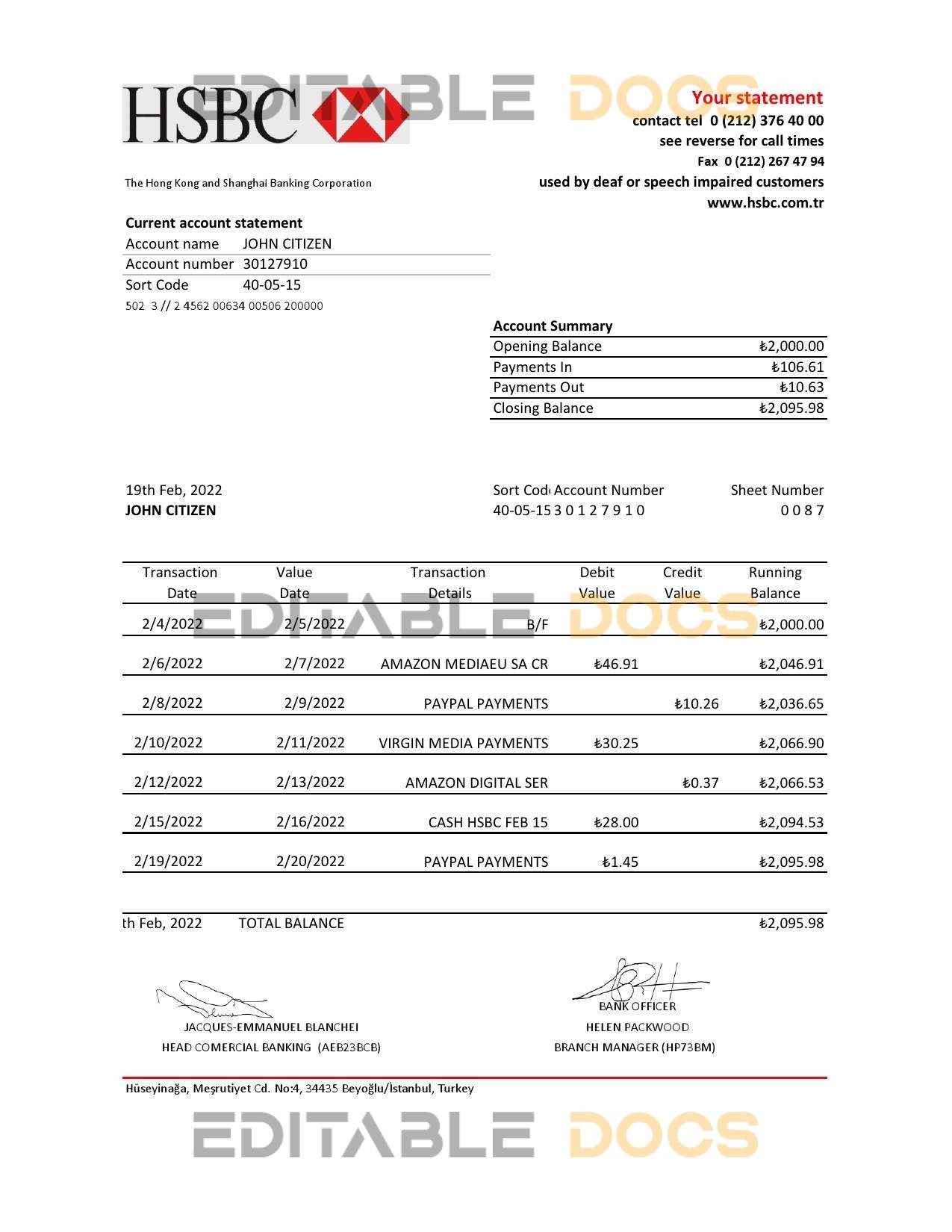 Turkey HSBC bank statement, Excel and PDF template