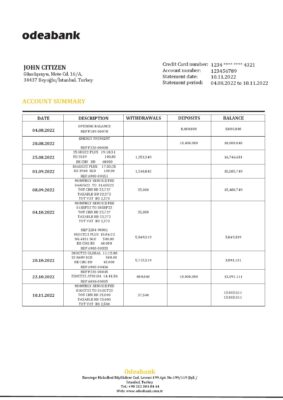 Turkey Odeabank bank statement template in .doc and .pdf format