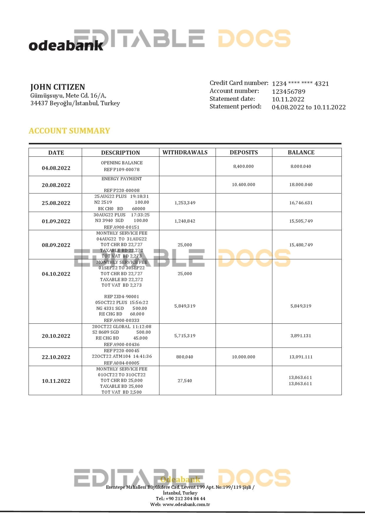 Turkey Odeabank bank statement template in .doc and .pdf format