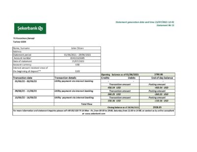 Turkey Sekerbank Bank statement easy to fill template in Excel and PDF format