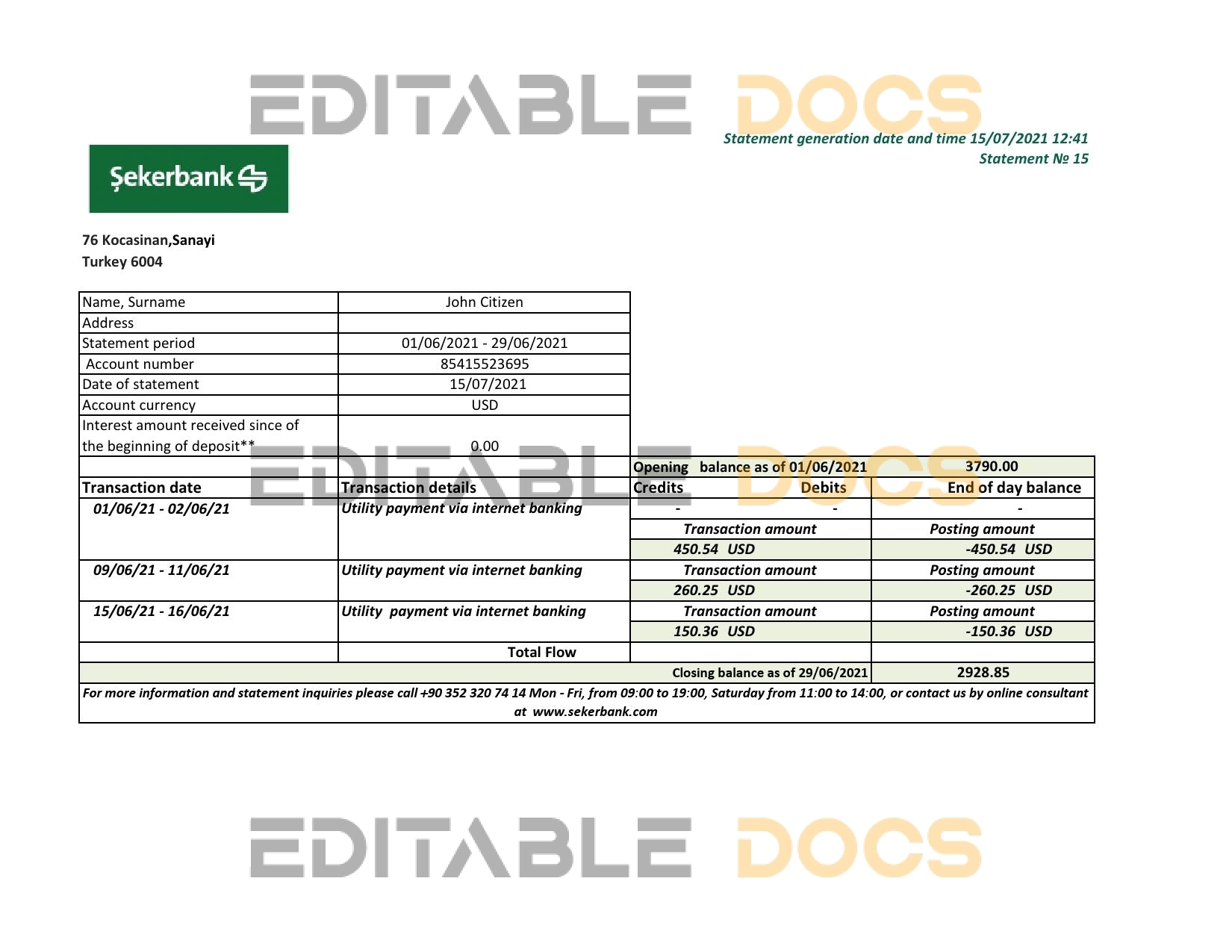 Turkey Sekerbank Bank statement easy to fill template in Excel and PDF format