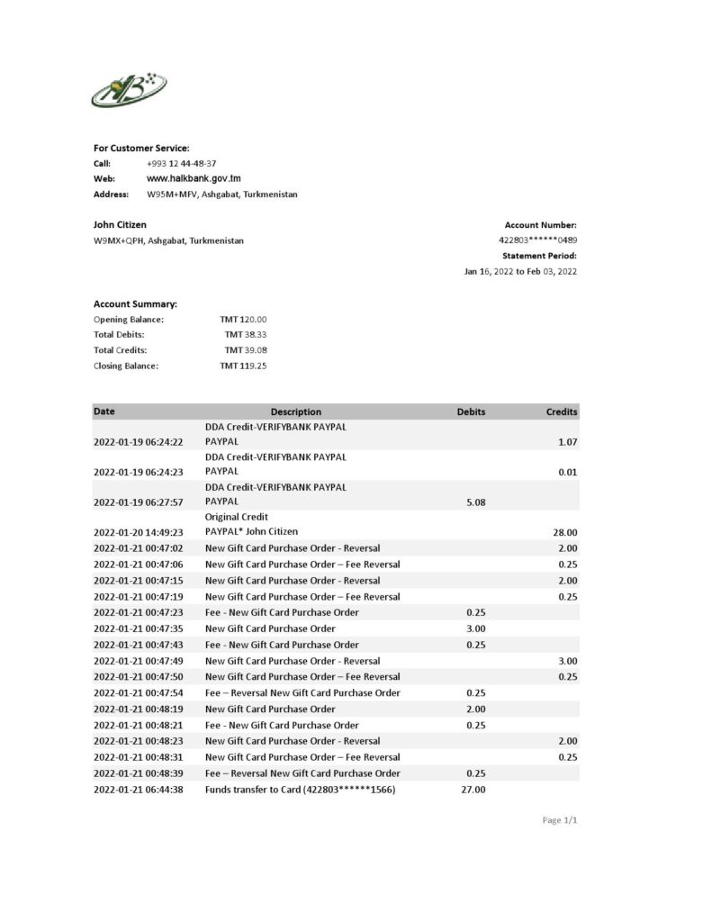 Turkmenistan HalkBank bank statement, Excel and PDF template