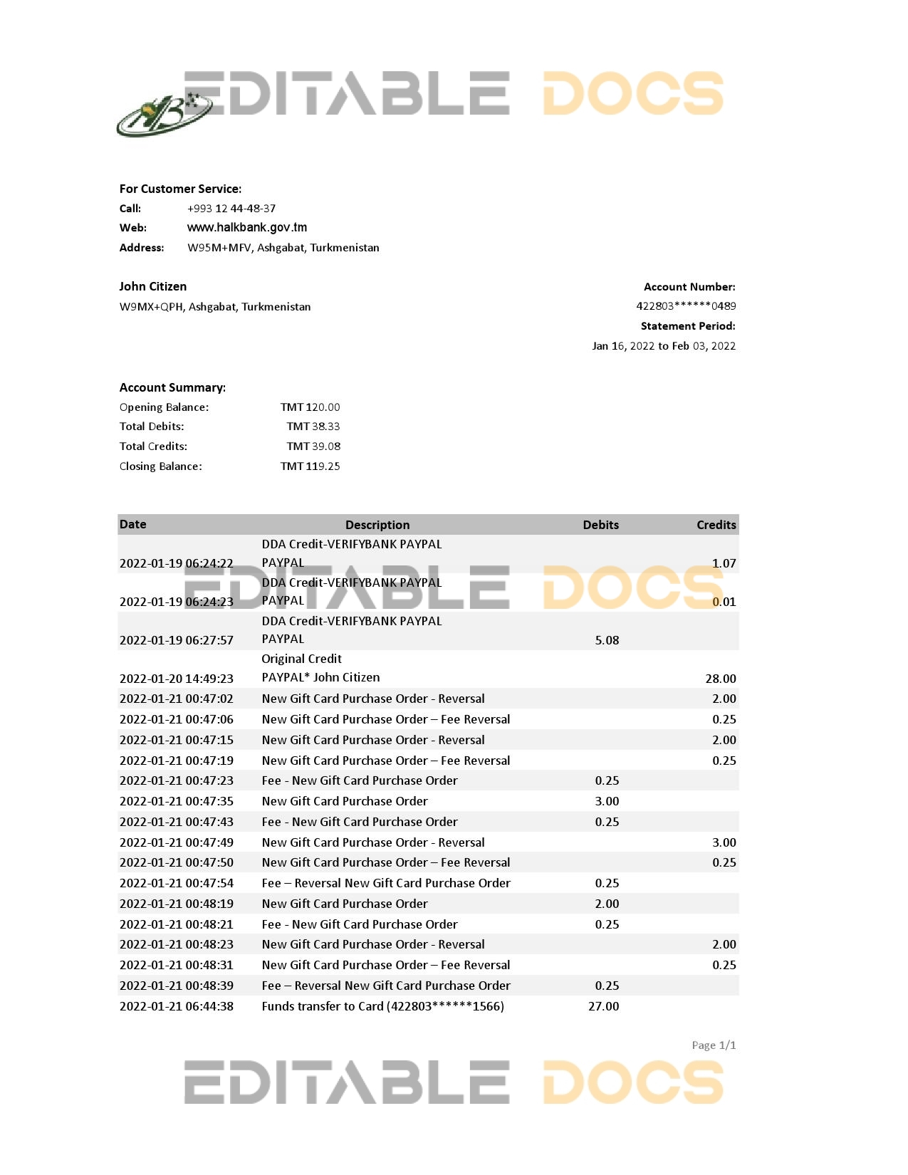 Turkmenistan HalkBank bank statement, Excel and PDF template