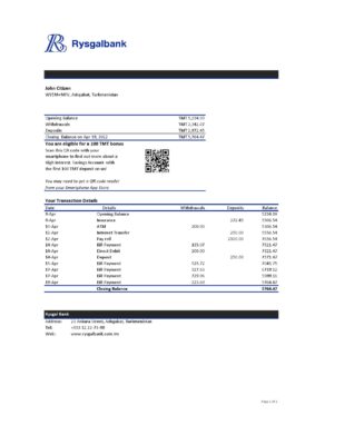 Turkmenistan Rysgal bank statement, Excel and PDF template