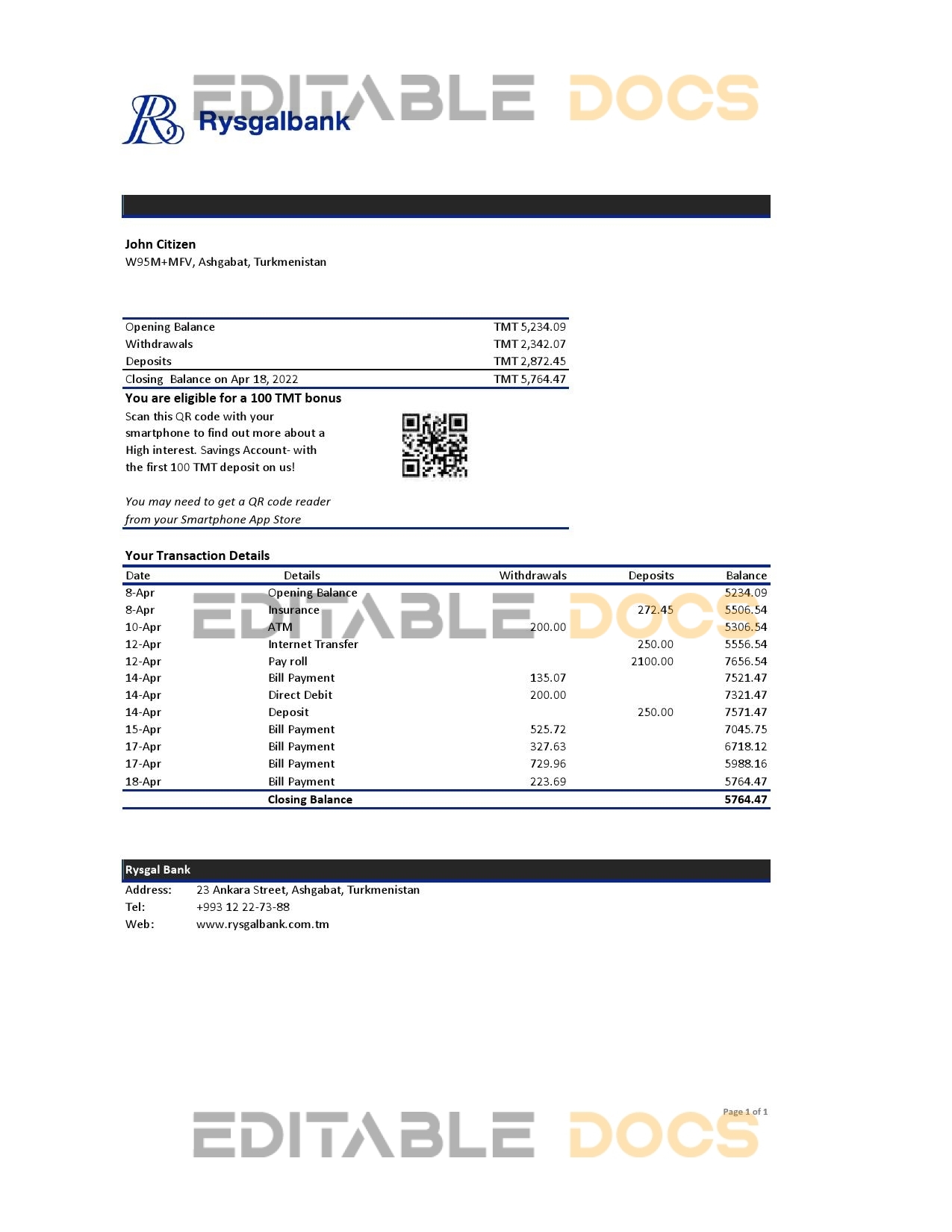 Turkmenistan Rysgal bank statement, Excel and PDF template