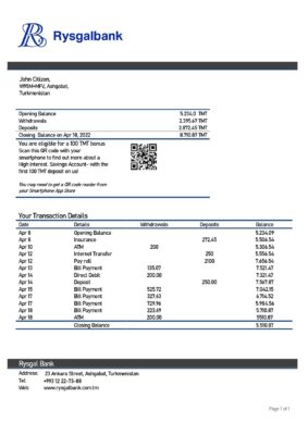 Turkmenistan Rysgal bank statement template, Word and PDF format (.doc and .pdf)