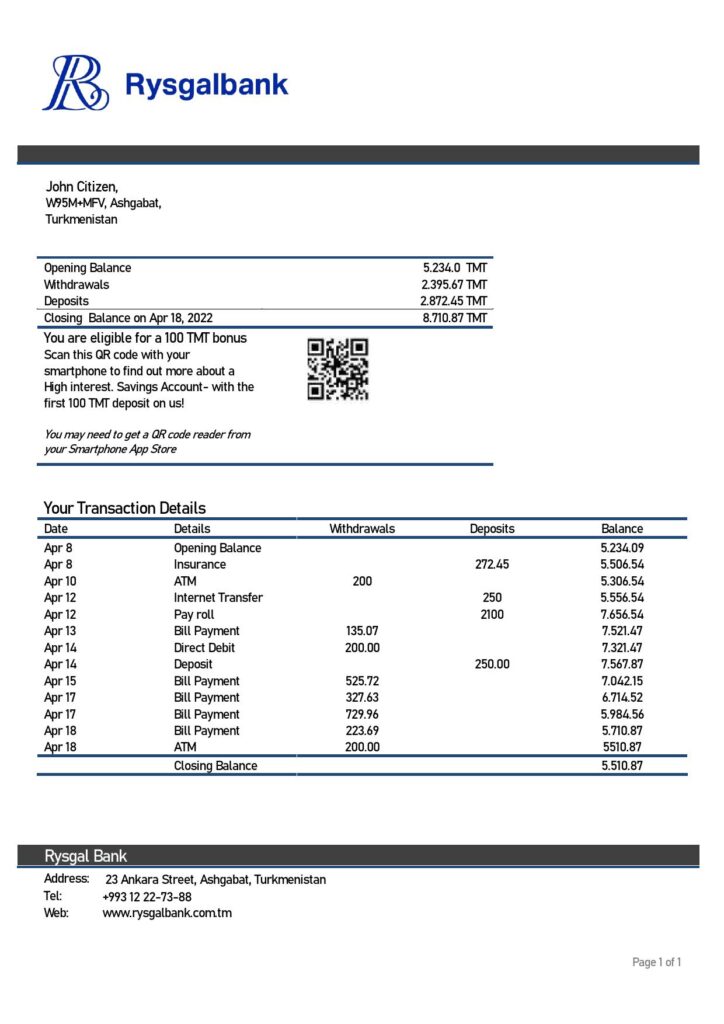 Turkmenistan Rysgal bank statement template, Word and PDF format (.doc and .pdf)