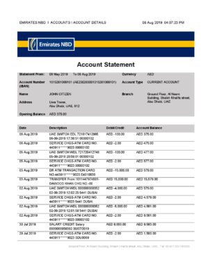 UAE Abu Dhabi Emirates NBD bank statement template in Word and PDF format, good for address prove