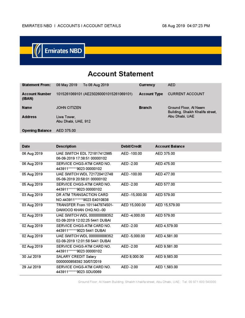 UAE Abu Dhabi Emirates NBD bank statement template in Word and PDF format, good for address prove