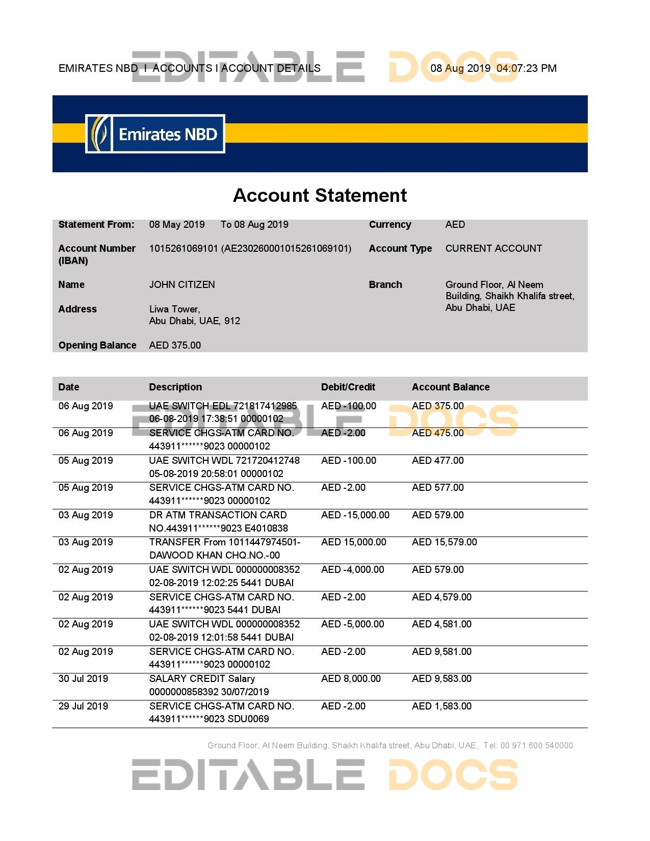 UAE Abu Dhabi Emirates NBD bank statement template in Word and PDF format, good for address prove