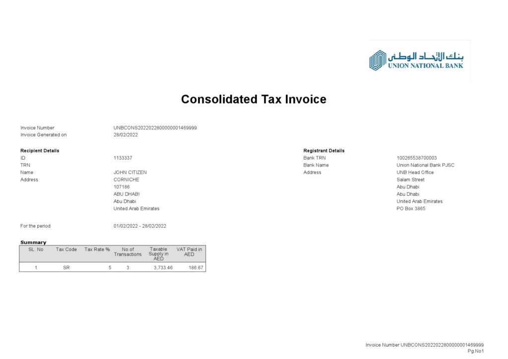 UAE Abu Dhabi Union National bank statement, Word and PDF template, 2 pages 1