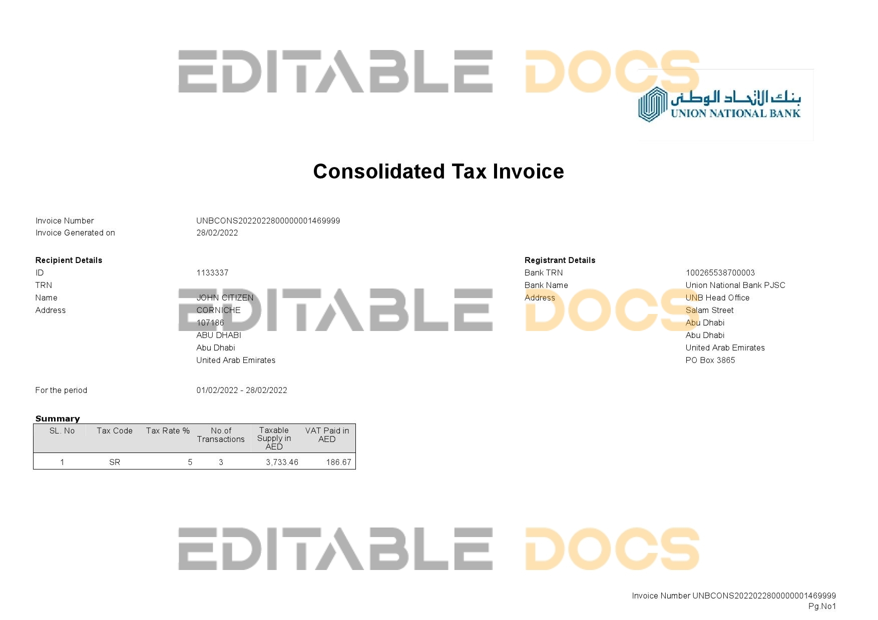 UAE Abu Dhabi Union National bank statement, Word and PDF template, 2 pages