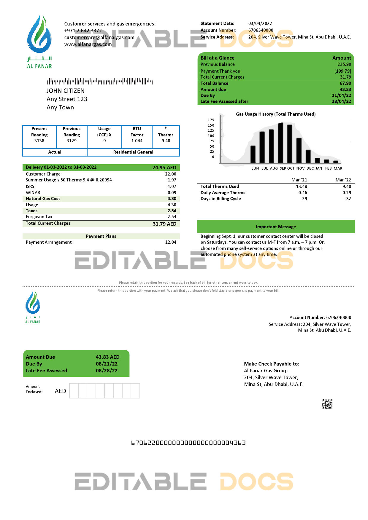 UAE Al Fanar Gas Group utility bill template in Word and PDF format