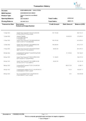 UAE Fujeirah National bank (NFB) bank statement, Word and PDF template