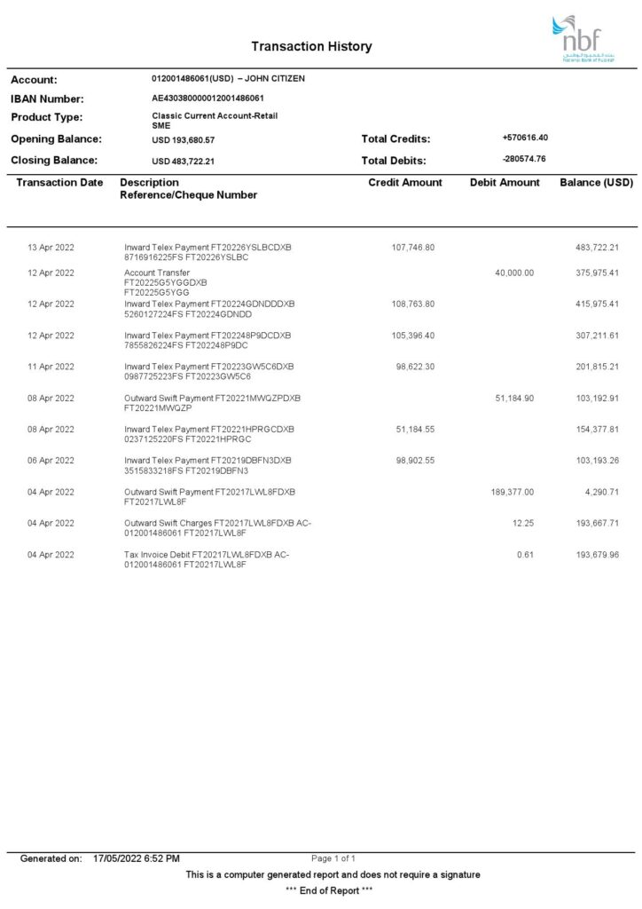 UAE Fujeirah National bank (NFB) bank statement, Word and PDF template