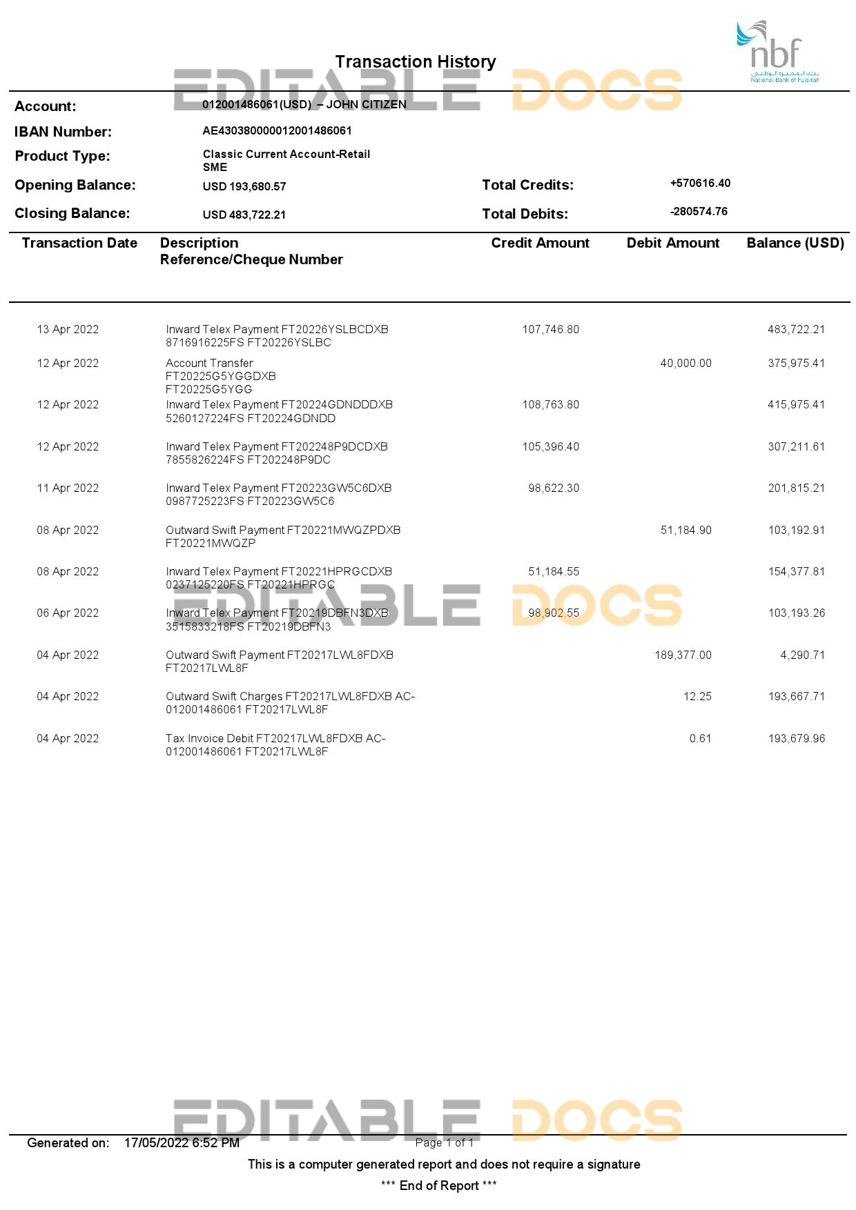 UAE Fujeirah National bank (NFB) bank statement, Word and PDF template