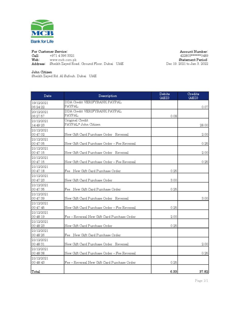 UAE MCB bank statement, Excel and PDF template