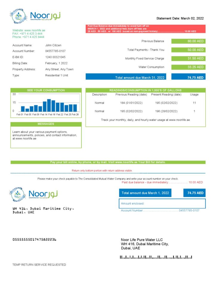 UAE Noor Life Pure Water LLC utility bill template in Word and PDF format