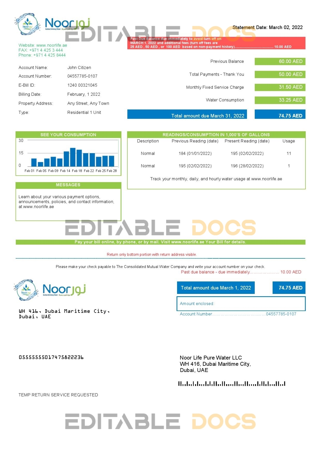 UAE Noor Life Pure Water LLC utility bill template in Word and PDF format