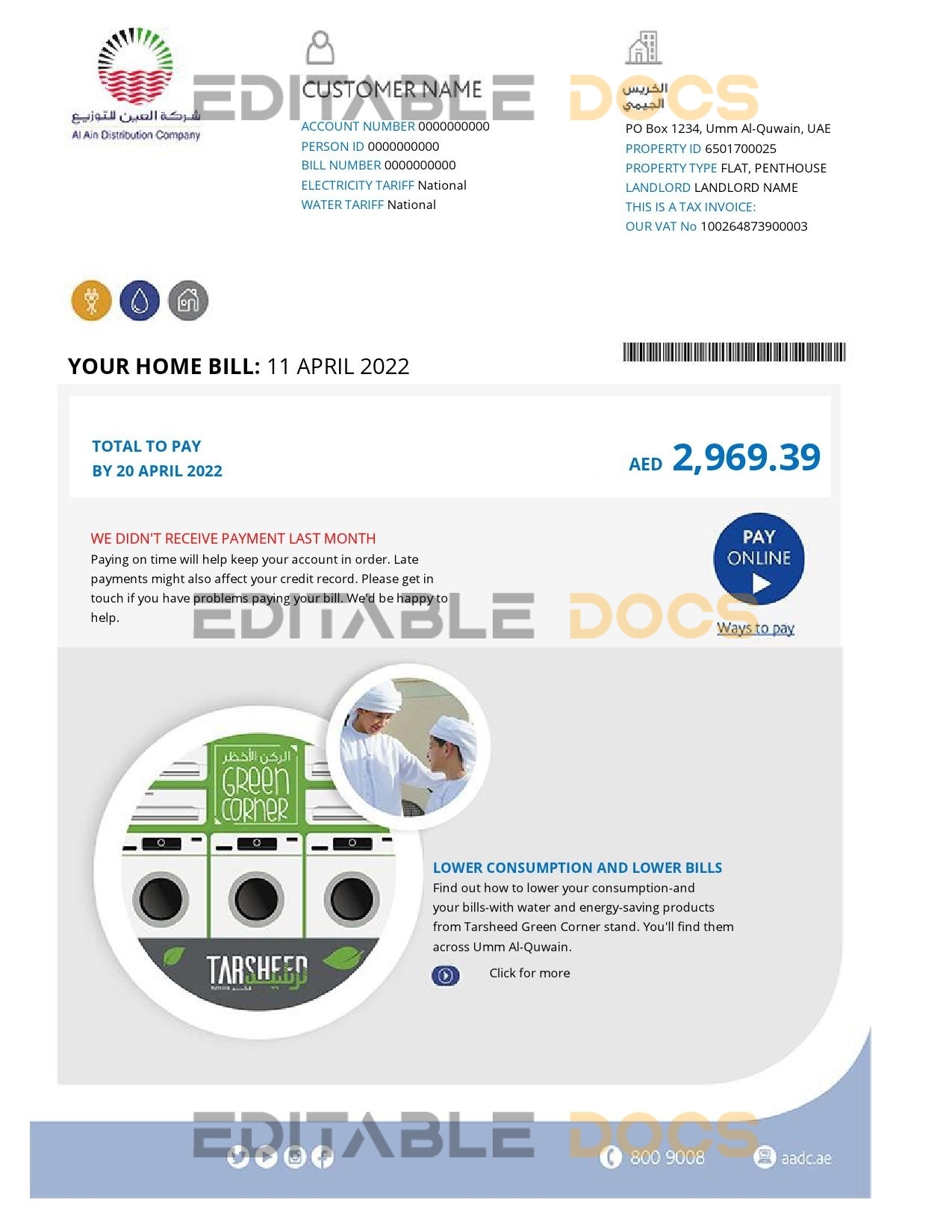 UAE Sharjah Al Ain Distribution Co. Word and PDF utility bill template (5 pages)