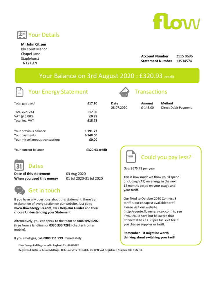United Kingdom Flow Energy utility bill template in Word and PDF format